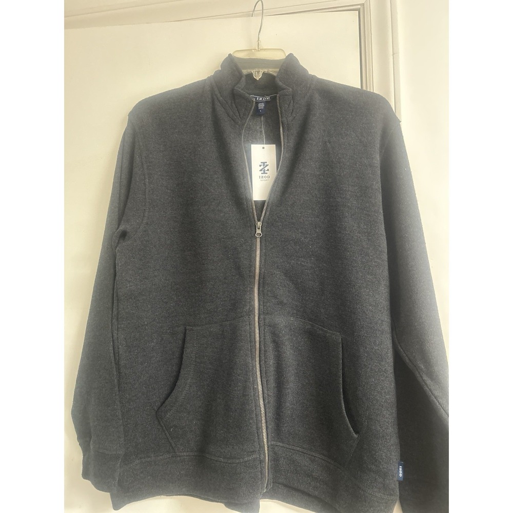 Izod Men's Long Sleeve Full Zip Black Sweater With Pockets Size L NWT